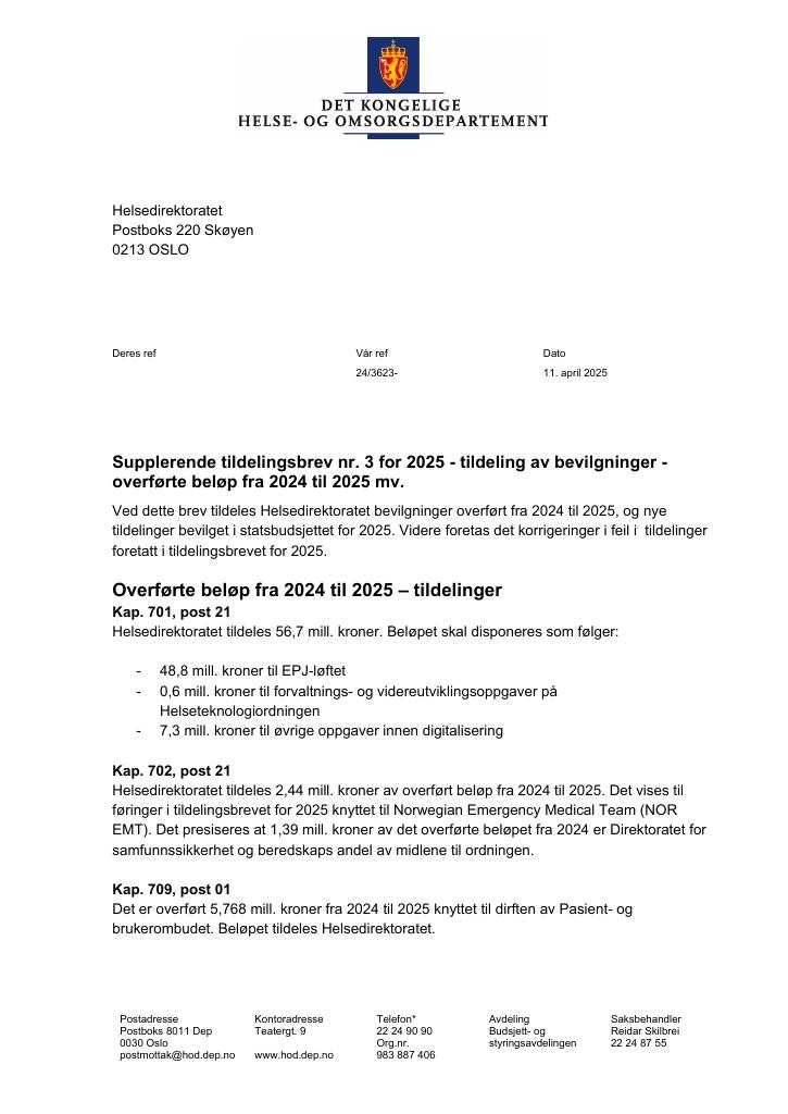Forsiden av dokumentet Tildelingsbrev Helsedirektoratet 2025 - tillegg nr. 3