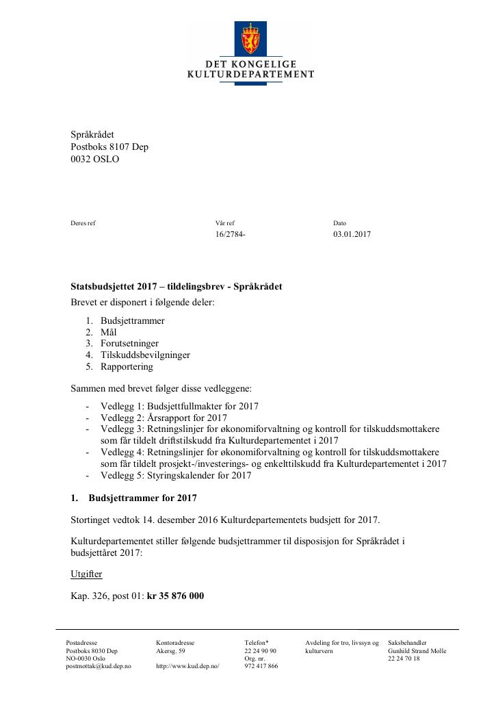 Forsiden av dokumentet Tildelingsbrev (.pdf)