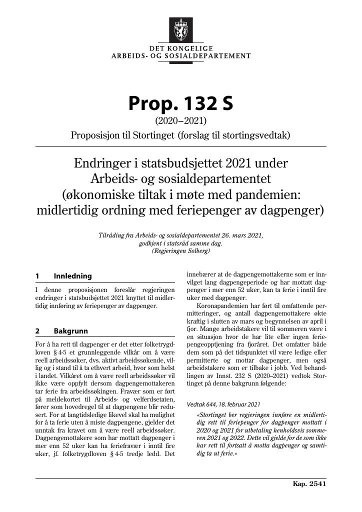 Forsiden av dokumentet Prop. 132 S (2020–2021)