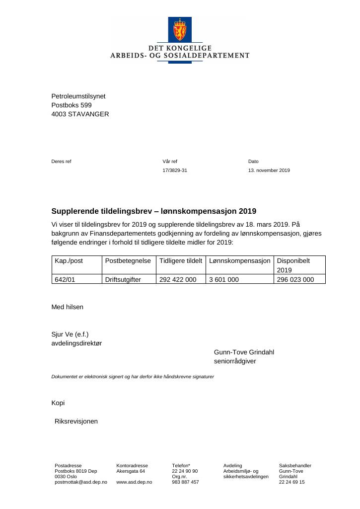 Forsiden av dokumentet Supplerende tildelingsbrev nr. 3 Petroleumstilsynet 2019