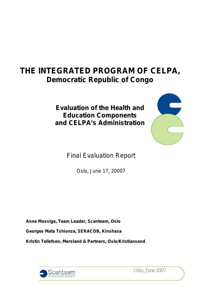 Forsiden av dokumentet THE INTEGRATED PROGRAM OF CELPA, Democratic Republic of Congo Evaluation of the Health and Education Components and CELPA’s Administration