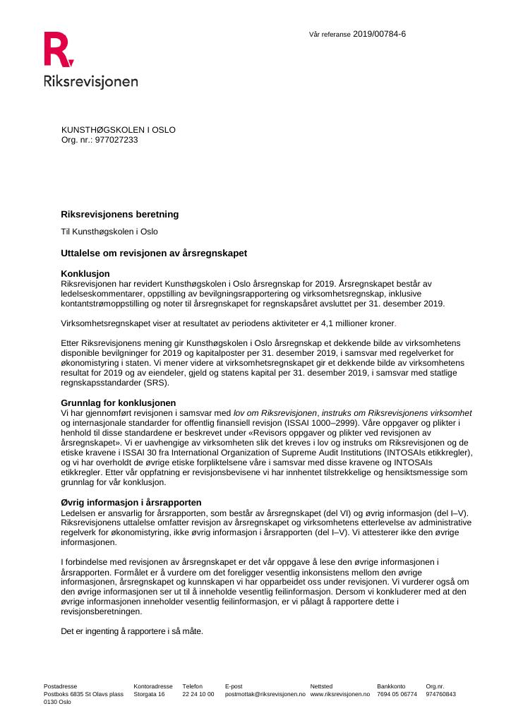 Forsiden av dokumentet Revisjonsberetning Kunsthøgskolen i Oslo 2019