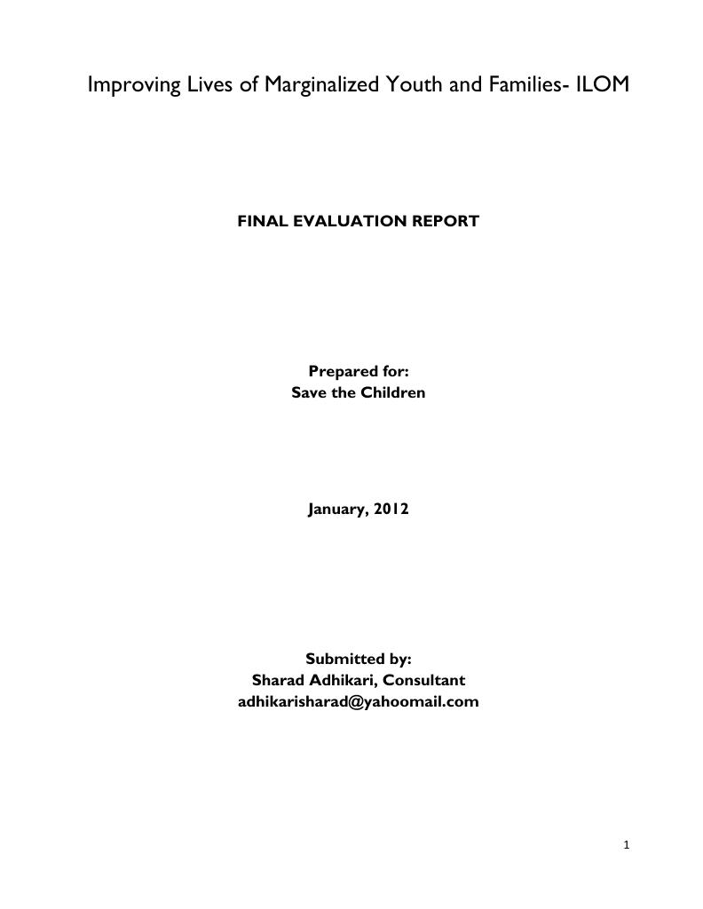 Forsiden av dokumentet Improving Lives of Marginalized Youth and Families (ILOM), Final Evaluation report