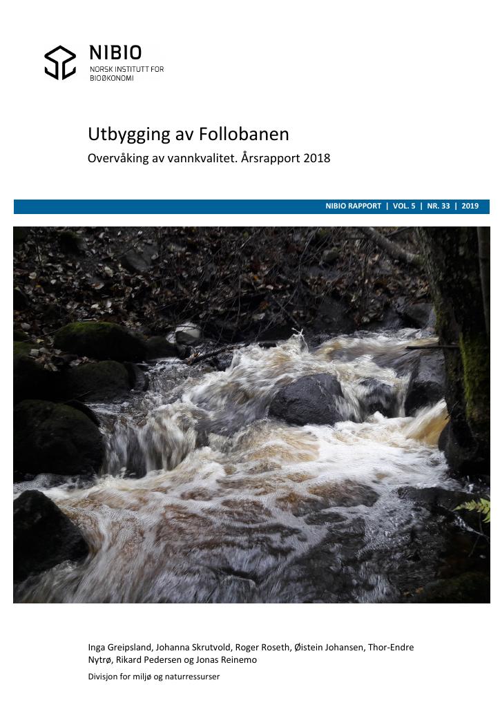 Forsiden av dokumentet Utbygging av Follobanen. Overvåking av vannkvalitet. Årsrapport for 2018.