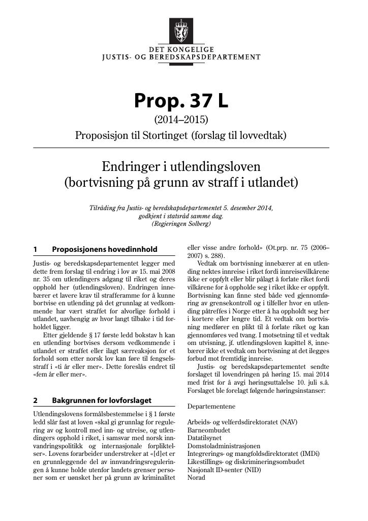 Forsiden av dokumentet Prop. 37 L (2014–2015)