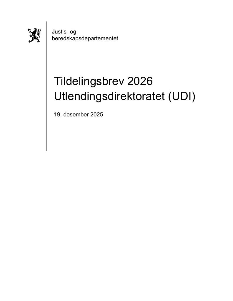 Forsiden av dokumentet Tildelingsbrev Utlendingsdirektoratet 2026
