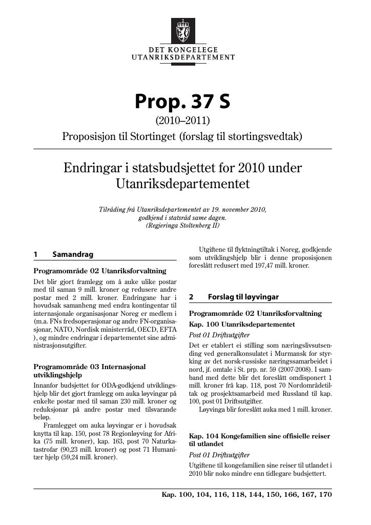 Forsiden av dokumentet Prop. 37 S (2010–2011)