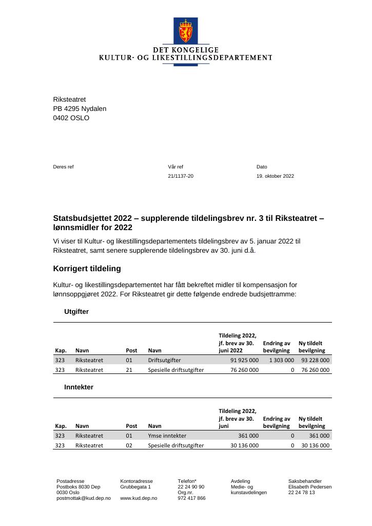 Forsiden av dokumentet Tildelingsbrev Riksteatret 2023 - tillegg nr. 3