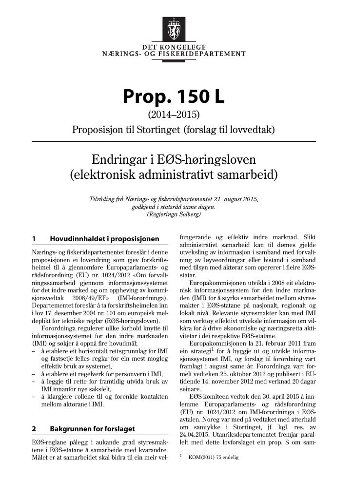 Forsiden av dokumentet Prop. 150 L (2014–2015)