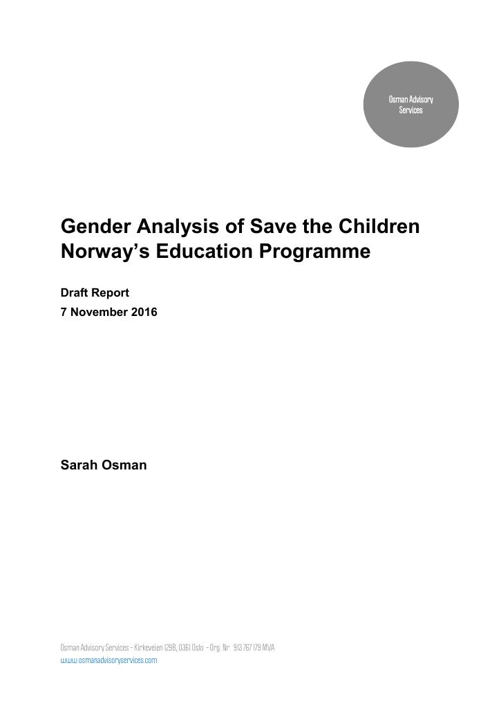 Forsiden av dokumentet Gender Analysis of Save the Children Norway’s Education Programme