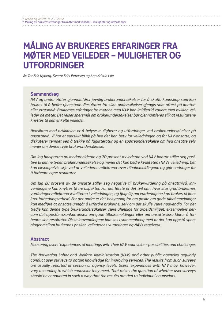 Forsiden av dokumentet Måling av brukeres erfaringer fra møter med veileder – muligheter og utfordringer