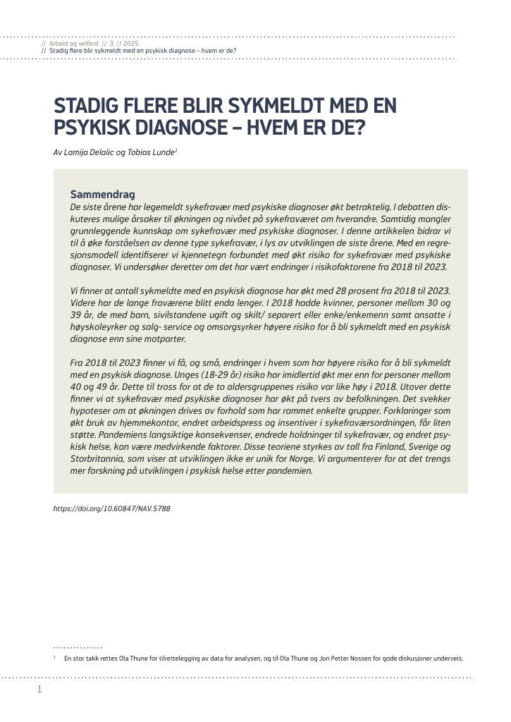 Forsiden av dokumentet Stadig flere blir sykmeldt med en psykisk diagnose – hvem er de?