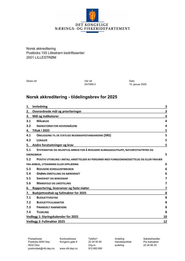 Forsiden av dokumentet Tildelingsbrev Norsk akkreditering 2025