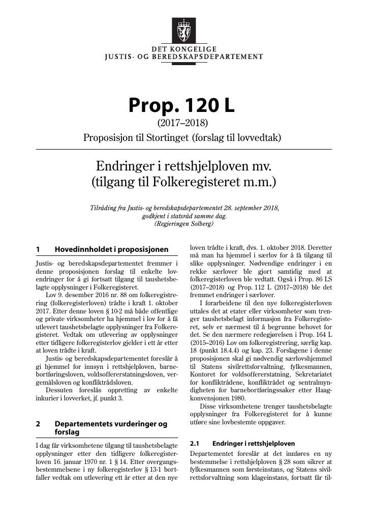 Forsiden av dokumentet Prop. 120 L (2017–2018)