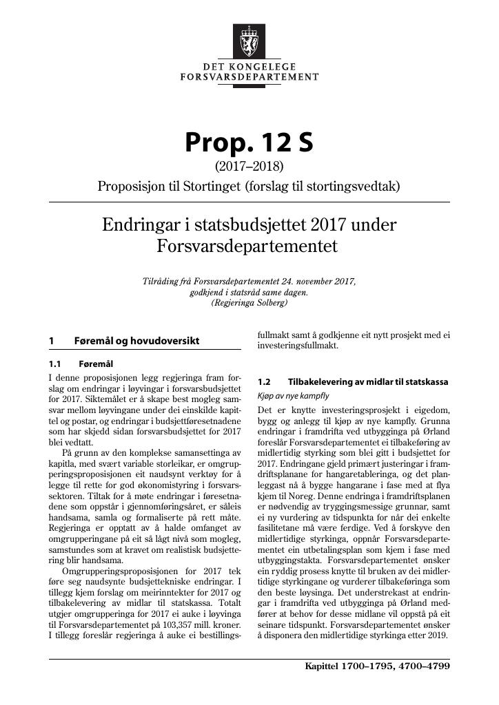 Forsiden av dokumentet Prop. 12 S (2017–2018)