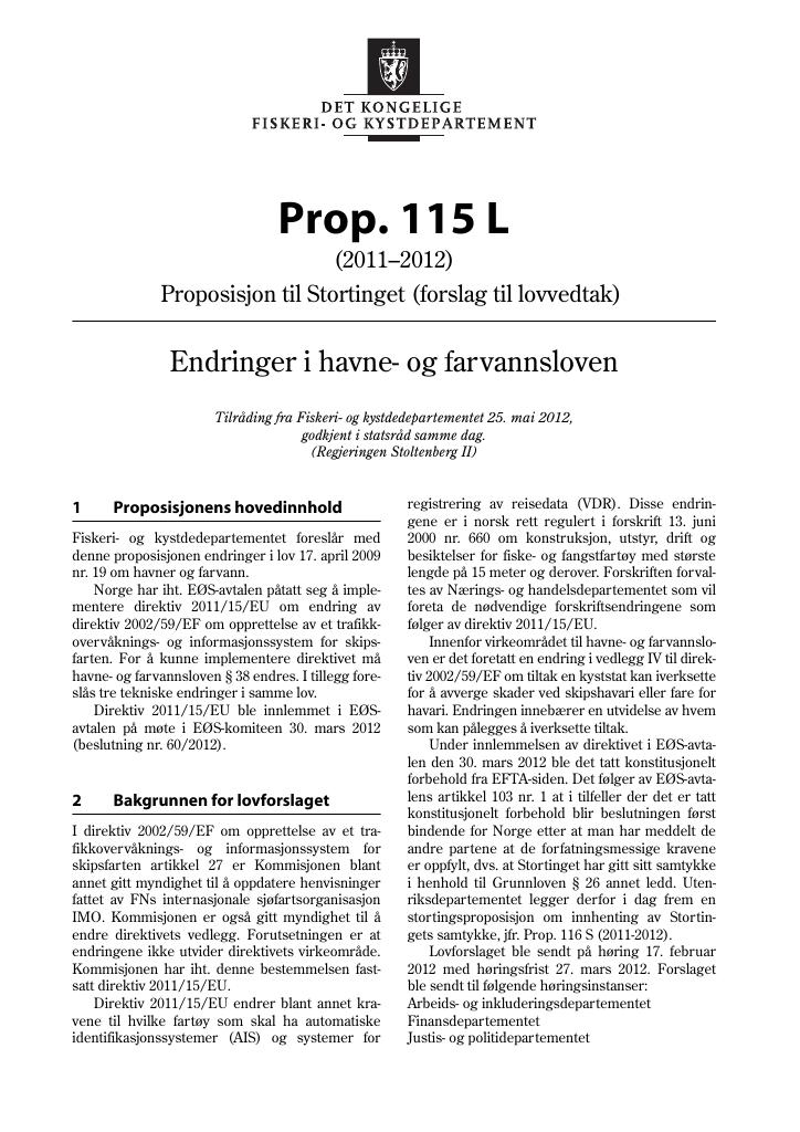 Forsiden av dokumentet Prop. 115 L (2011–2012)