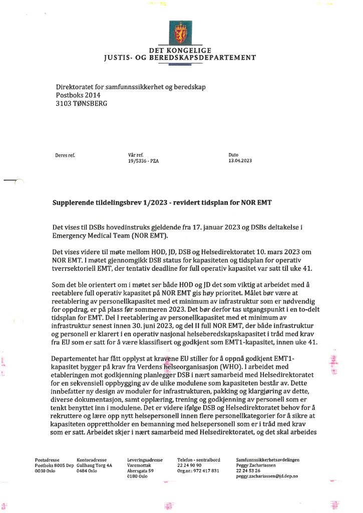 Forsiden av dokumentet Tildelingsbrev Direktoratet for samfunnssikkerhet og beredskap 2023 - tillegg nr. 1
