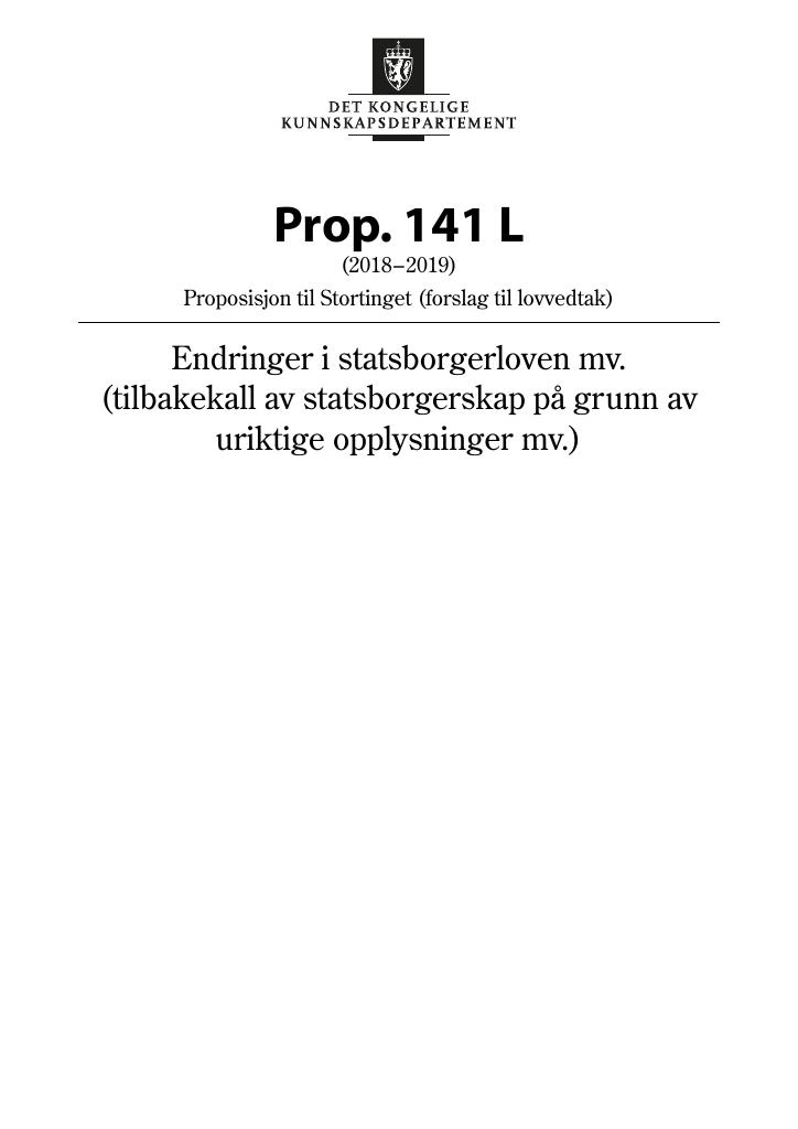 Forsiden av dokumentet Prop. 141 L (2018–2019)