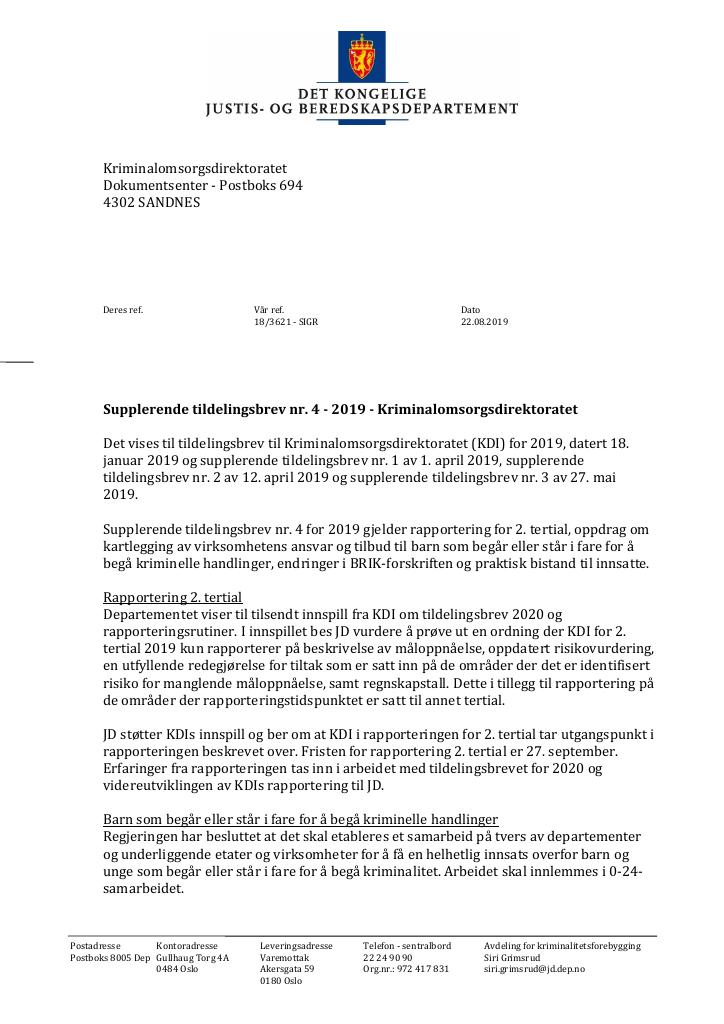 Forsiden av dokumentet Supplerende tildelingsbrev nr. 4 Kriminalomsorgsdirektoratet 2019