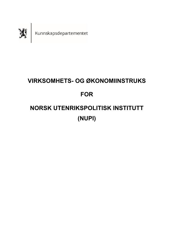 Forsiden av dokumentet Virksomhets- og økonomiinstruks for Norsk utenrikspolitisk institutt (NUPI)