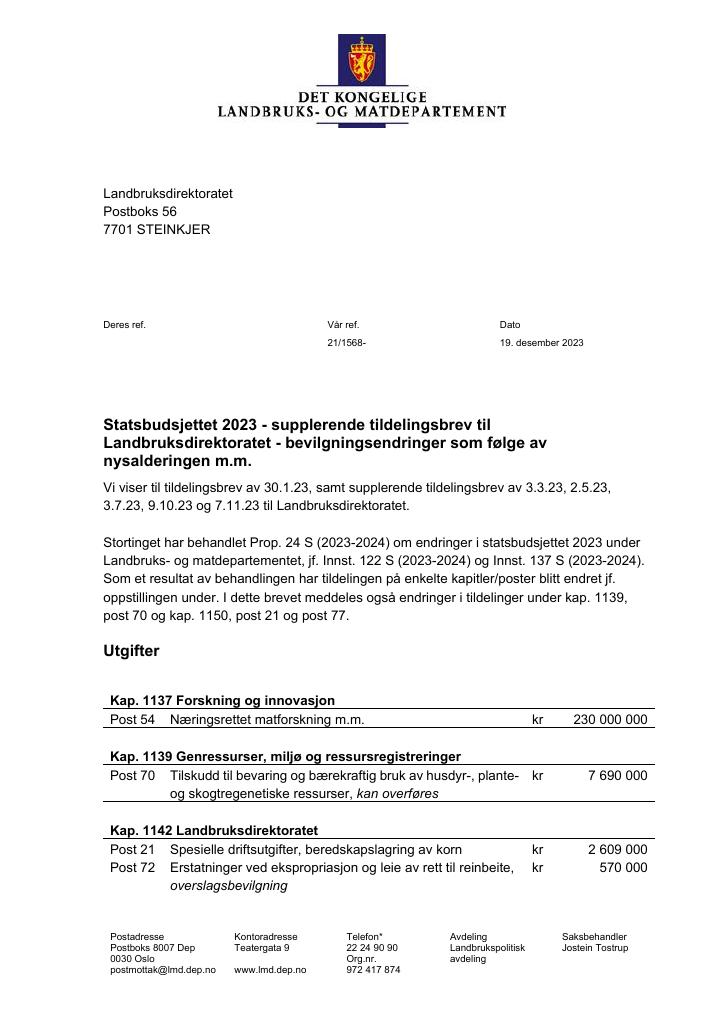 Forsiden av dokumentet Tildelingsbrev Landbruksdirektoratet 2023 - tillegg nr. 19