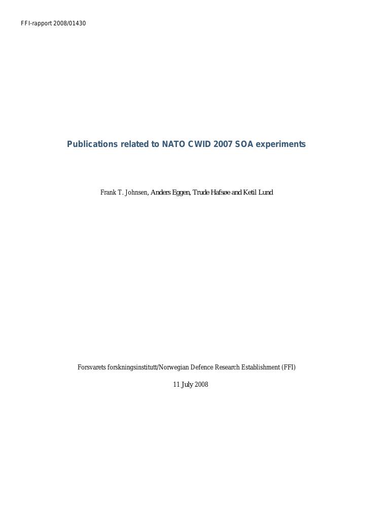 Forsiden av dokumentet Publications related to NATO CWID 2007 SOA experiments