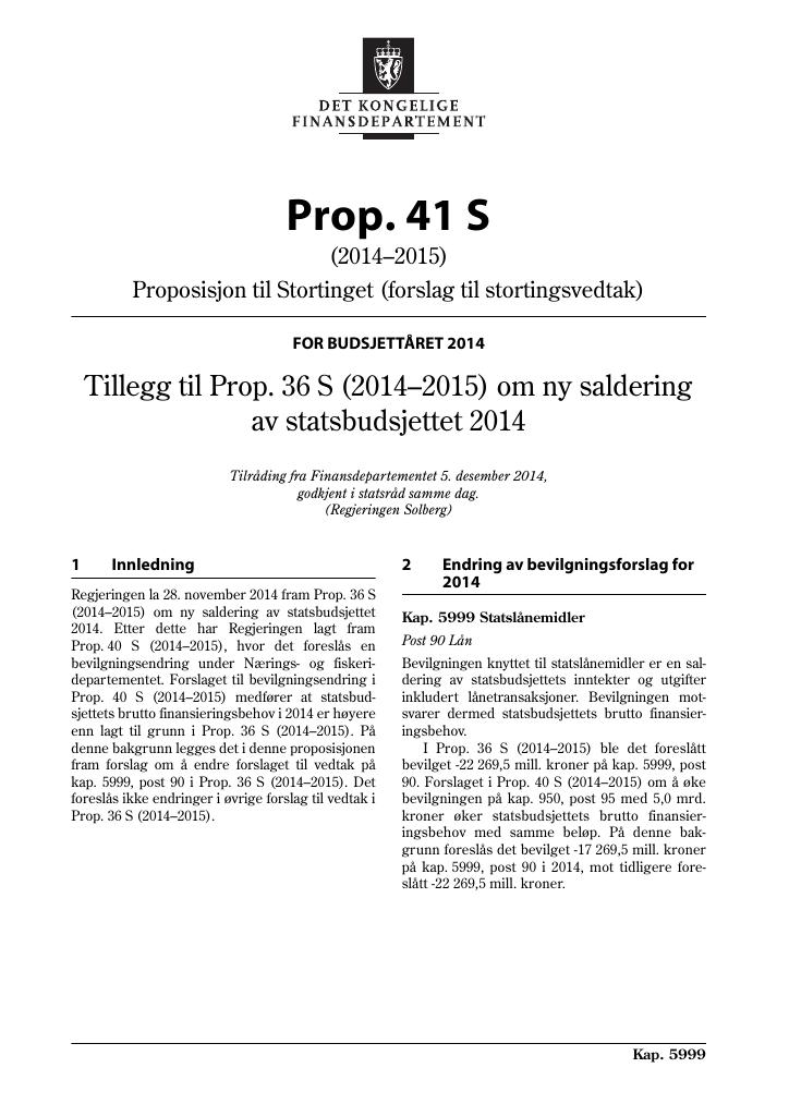 Forsiden av dokumentet Prop. 41 S (2014–2015)