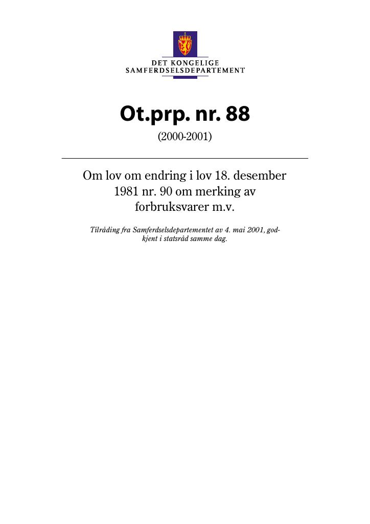 Forsiden av dokumentet Ot.prp. nr. 88 (2000-2001)