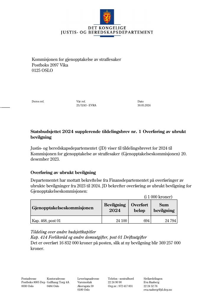 Forsiden av dokumentet Tildelingsbrev Kommisjonen for gjenopptakelse av straffesaker 2024 - tillegg nr. 1