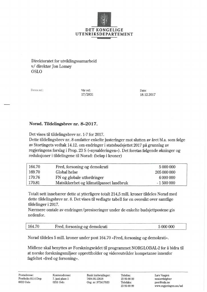 Forsiden av dokumentet Tildelingsbrev no. 8 (pdf)