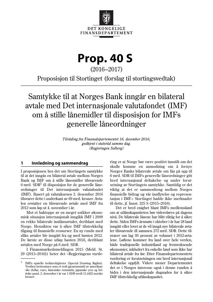 Forsiden av dokumentet Prop. 40 S (2016–2017)
