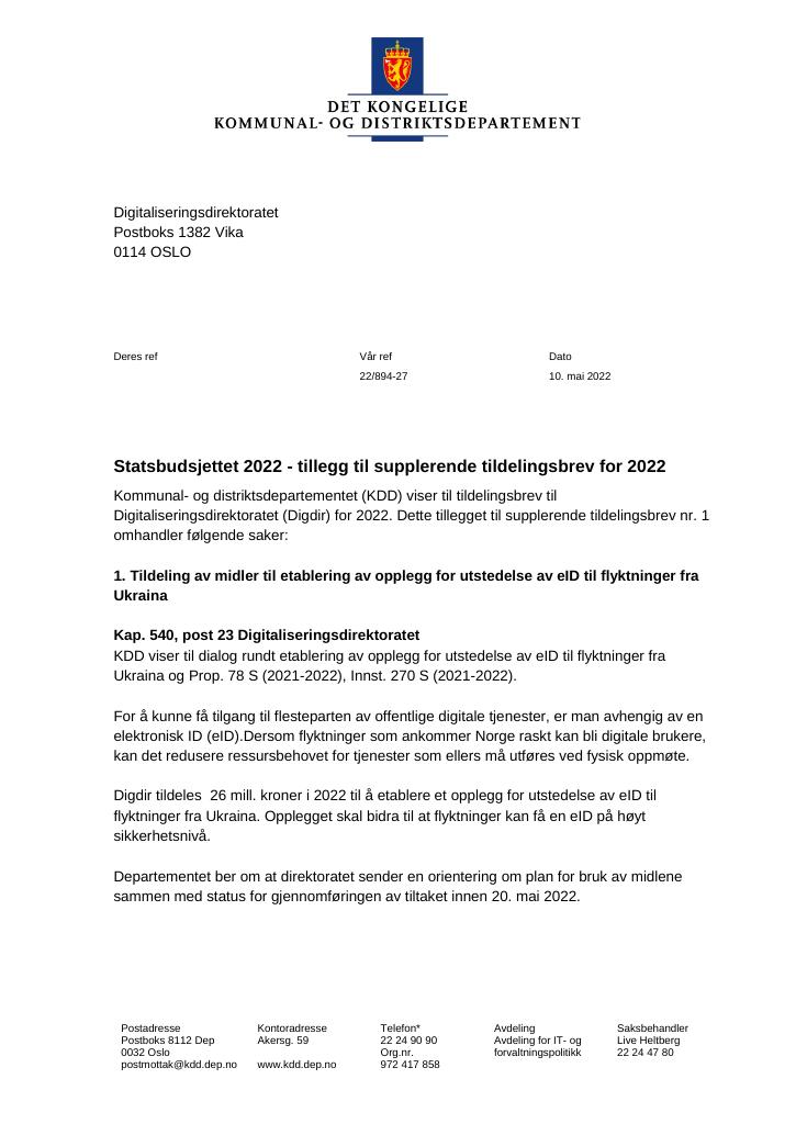 Forsiden av dokumentet Tildelingsbrev Digdir 2022 - tillegg