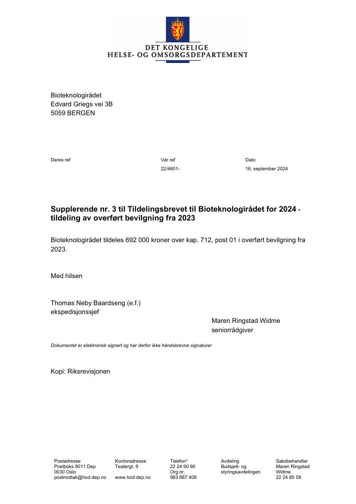 Forsiden av dokumentet Tildelingsbrev Bioteknologirådet 2024 - tillegg nr. 3