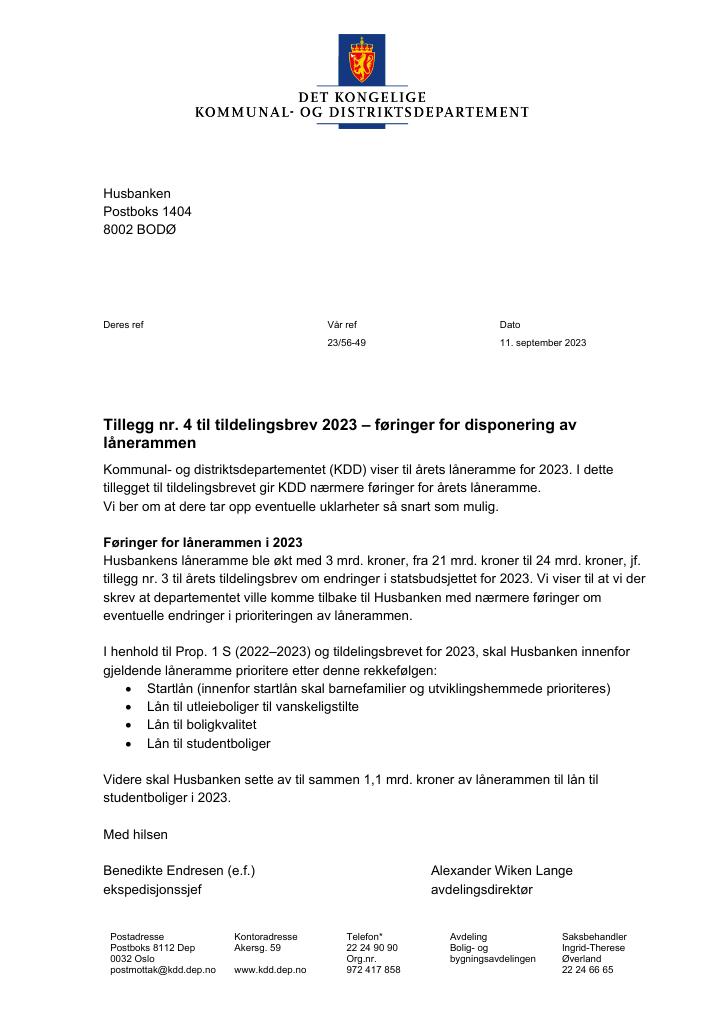 Forsiden av dokumentet Tillegg nr. 4 til tildelingsbrev til Husbanken 2023 (pdf)