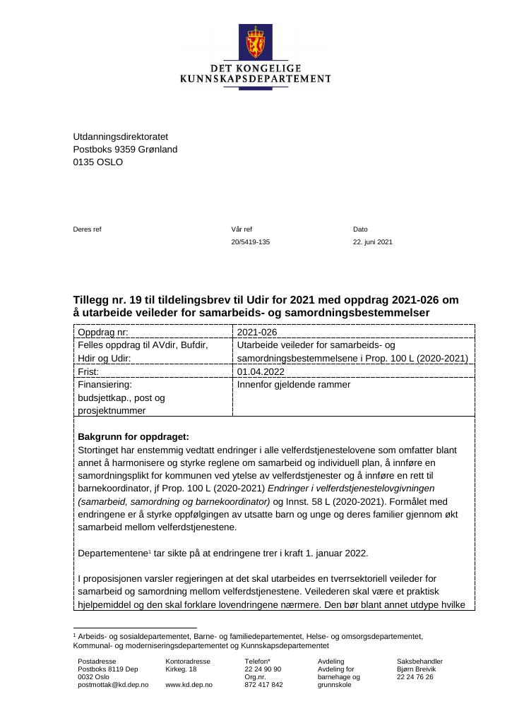 Forsiden av dokumentet Tildelingsbrev Utdanningsdirektoratet 2021 - tillegg nr. 19