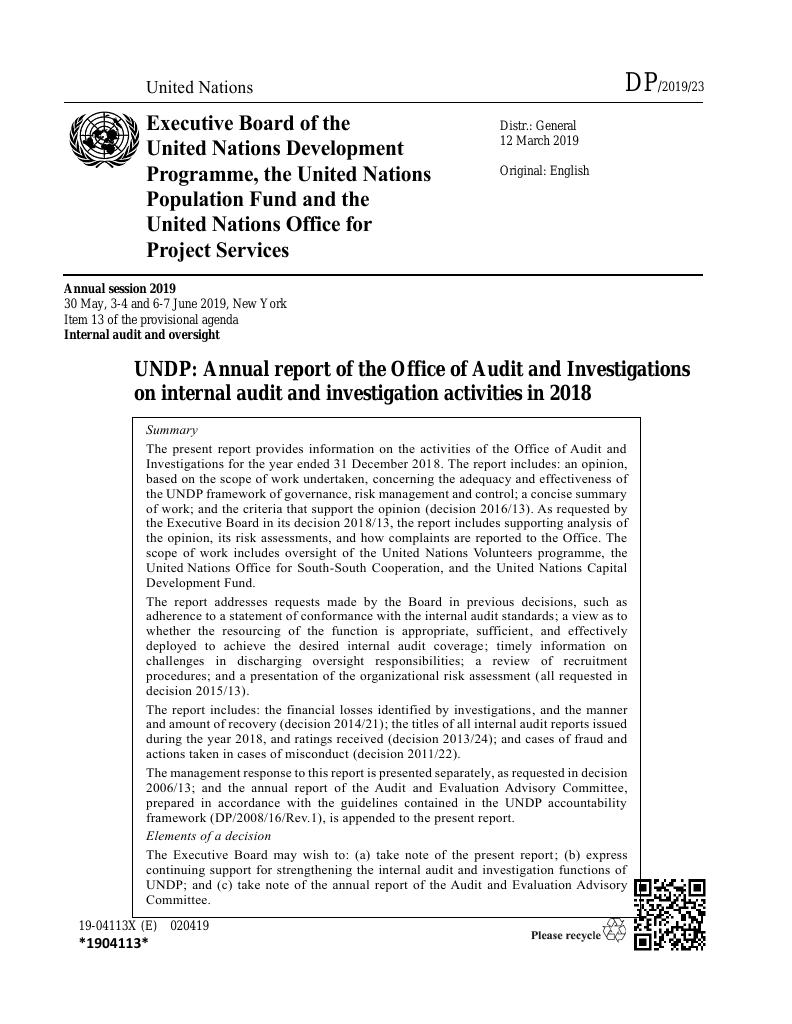 Forsiden av dokumentet UNDP: Annual report of the Office of Audit and Investigations on internal audit and investigation activities in 2018