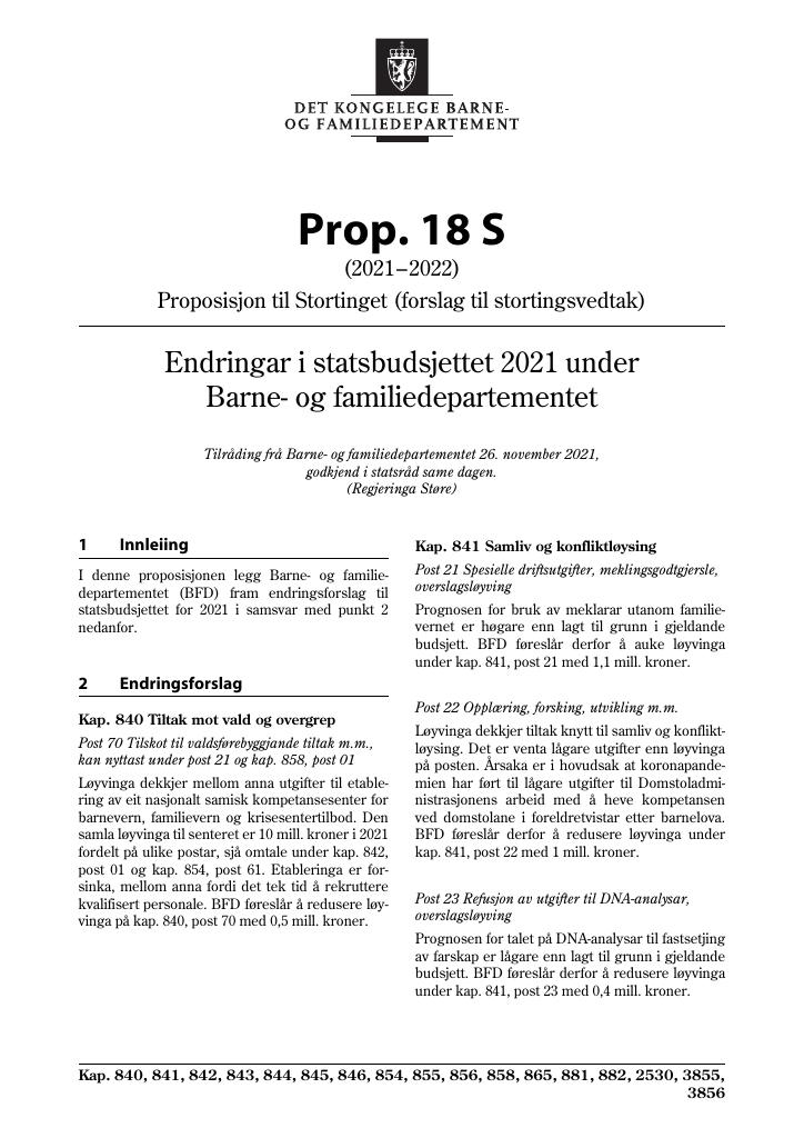 Forsiden av dokumentet Prop. 18 S (2021–2022)