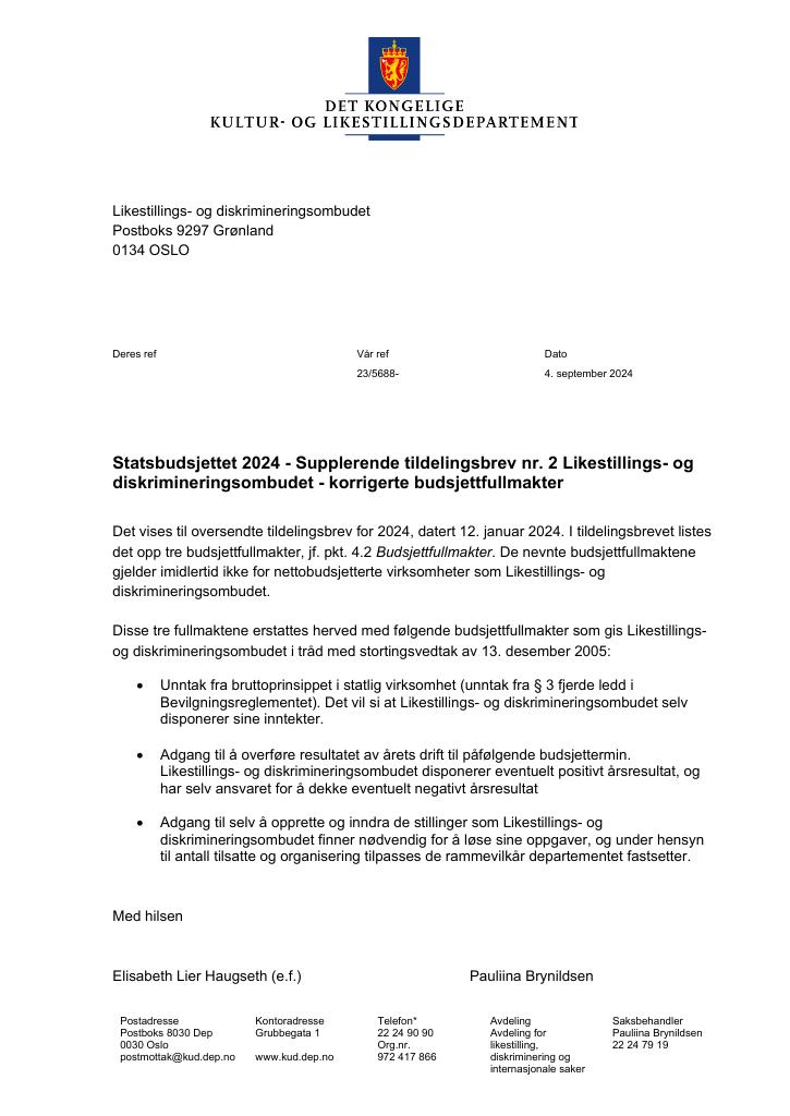 Forsiden av dokumentet Tildelingsbrev Likestillings- og diskrimineringsombudet 2024 - tillegg nr. 2