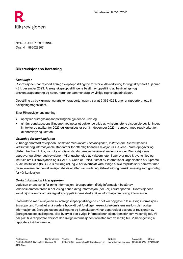 Forsiden av dokumentet Revisjonsberetning Norsk akkreditering 2023