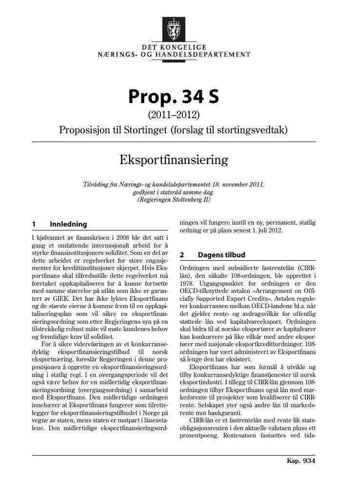 Forsiden av dokumentet Prop. 34 S (2011–2012)