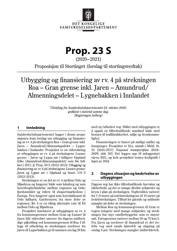 Forsiden av dokumentet Prop. 23 S (2020–2021)