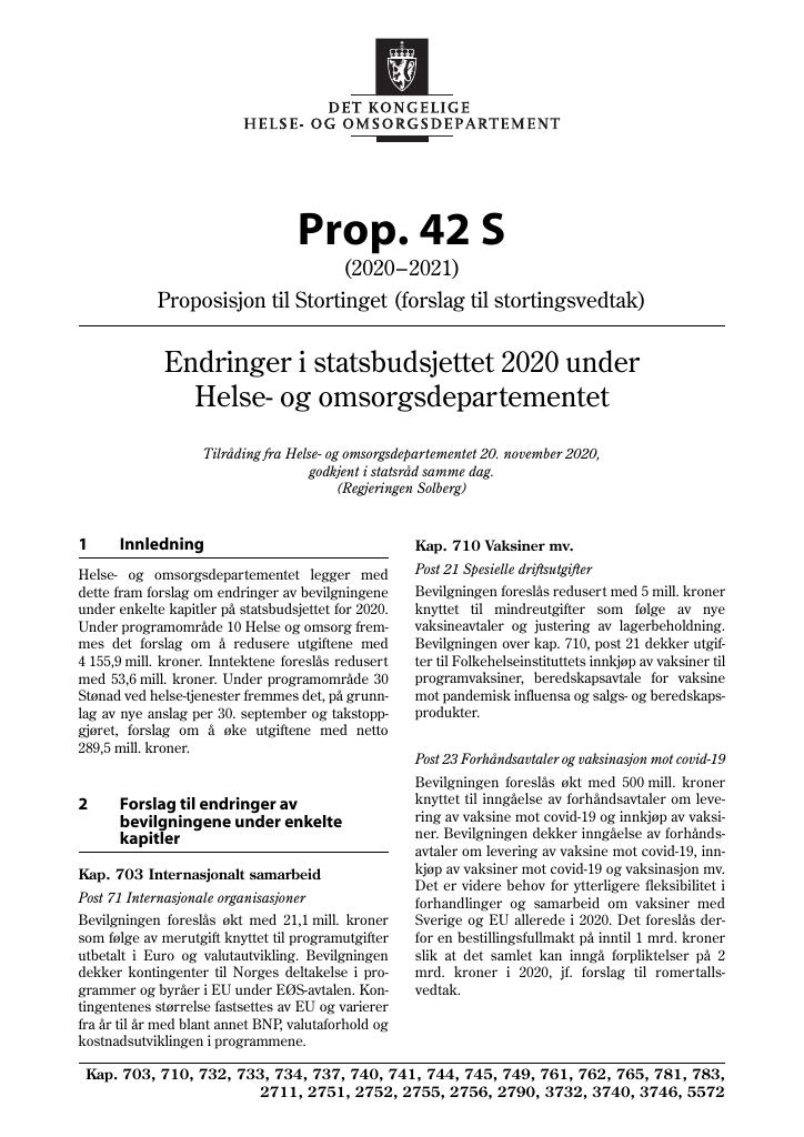 Forsiden av dokumentet Prop. 42 S (2020–2021)