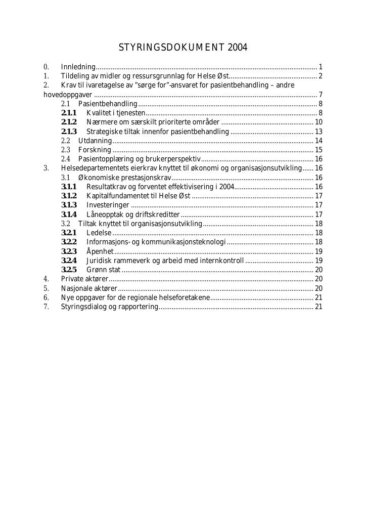 Forsiden av dokumentet Styringsdokument Helse Øst 2004
