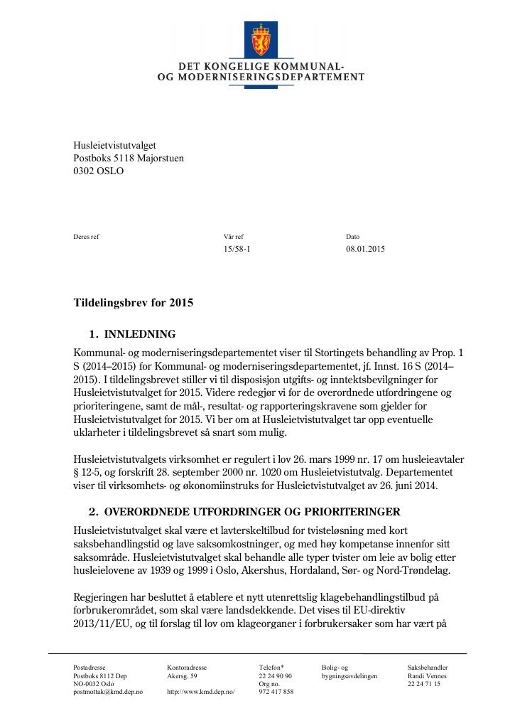 Forsiden av dokumentet Tildelingsbrev (pdf)