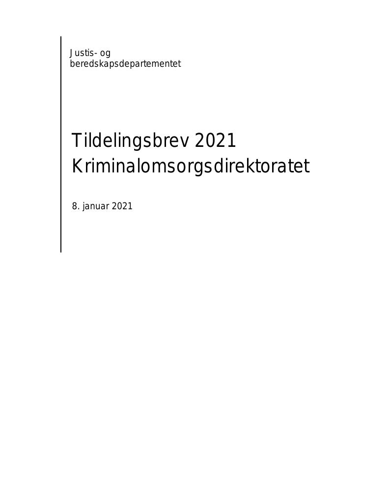 Forsiden av dokumentet Tildelingsbrev Kriminalomsorgsdirektoratet 2021