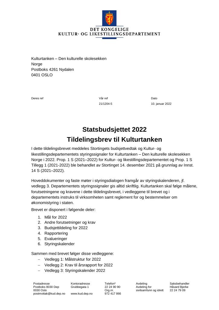 Forsiden av dokumentet Tildelingsbrev Kulturtanken 2022