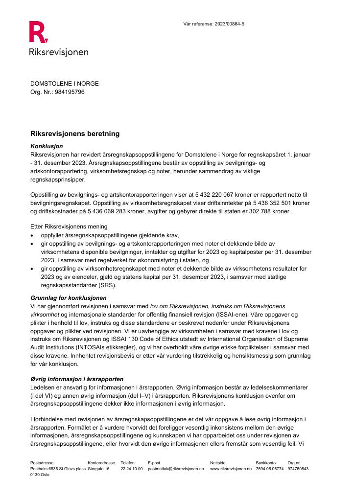Forsiden av dokumentet Revisjonsberetning Domstoladministrasjonen 2023