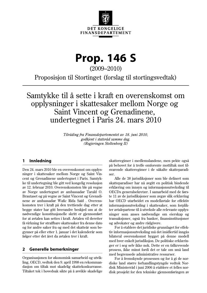 Forsiden av dokumentet Prop. 146 S (2009-2010)