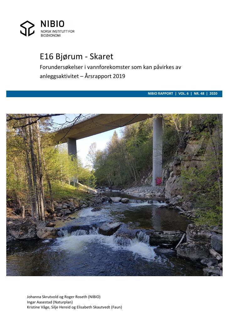 Forsiden av dokumentet E16 Bjørum - Skaret. Forundersøkelser i vassdrag som kan påvirkes av anleggsaktivitet. Årsrapport 2019.