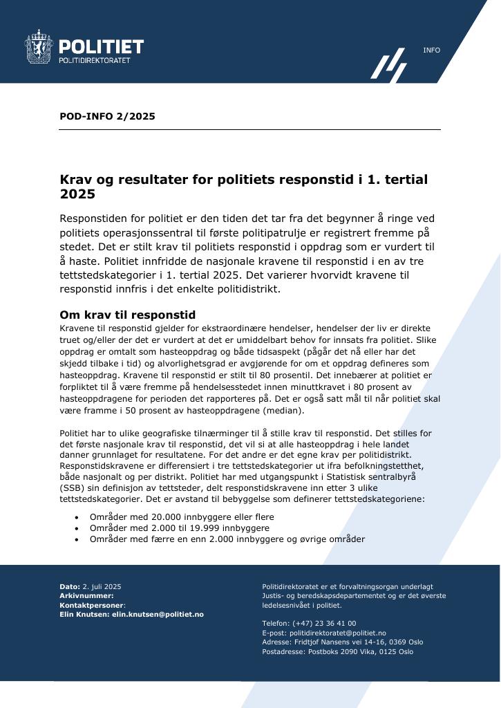 Forsiden av dokumentet Krav og resultater for politiets responstid i 1. tertial 2025